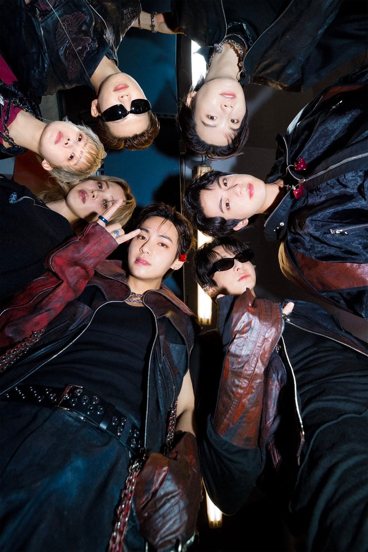 I sette membri dei BTS in cerchio fotografati dal basso